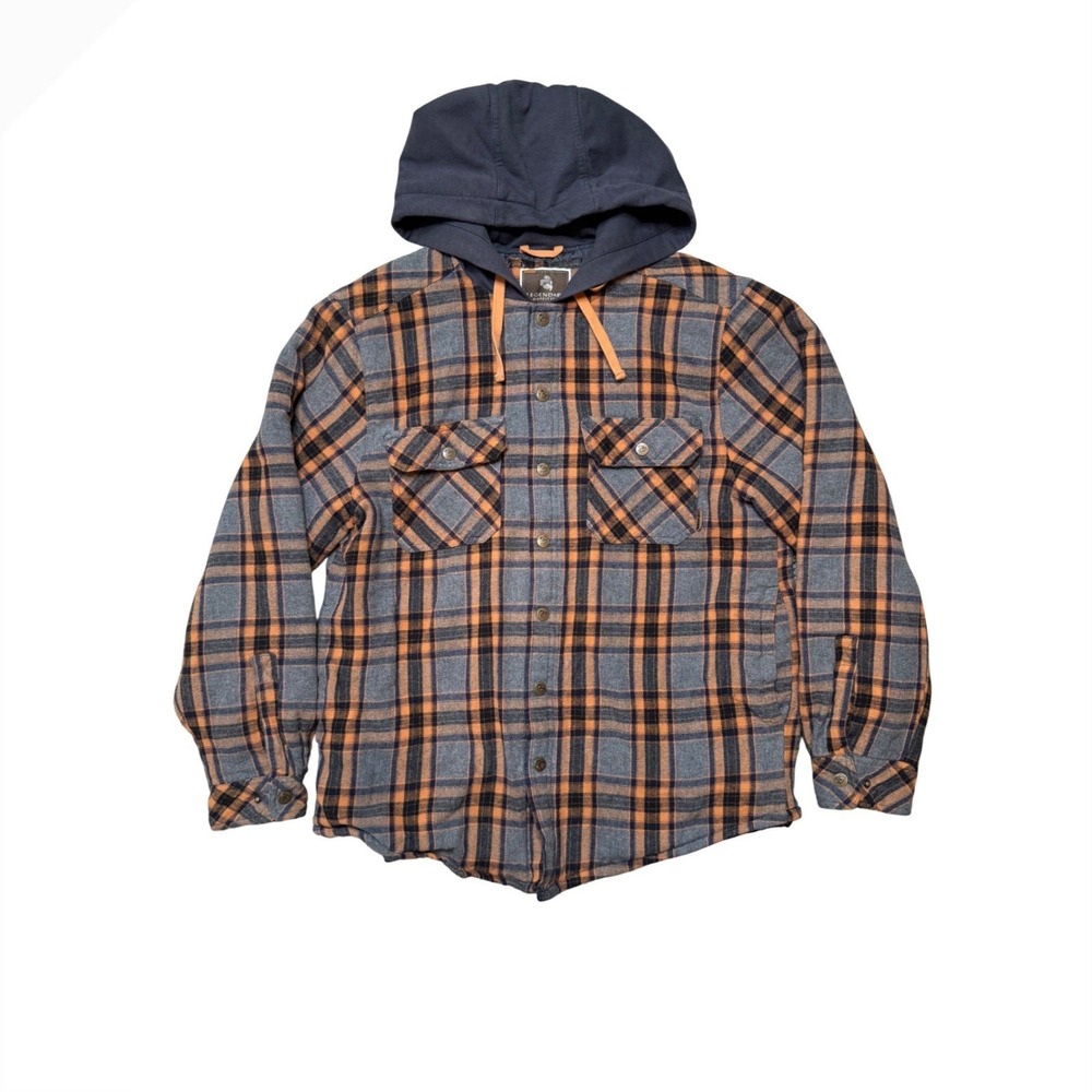 Legendary Outfitters Plaid Flannel Hooded Shirt Jacket Men's Medium Orange Gray‎